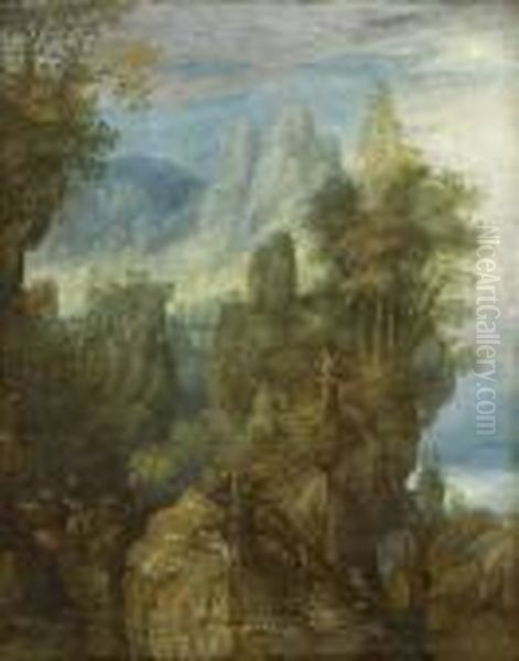 Phantastische Felsenlandschaft Mit Jagern Und Ziegen Oil Painting by Roelandt Jacobsz Savery