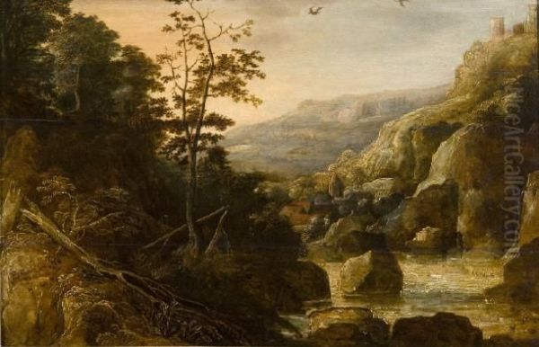 A River Gorge With A Village And Castle Ruins Onthe Hill Oil Painting by Roelandt Jacobsz Savery