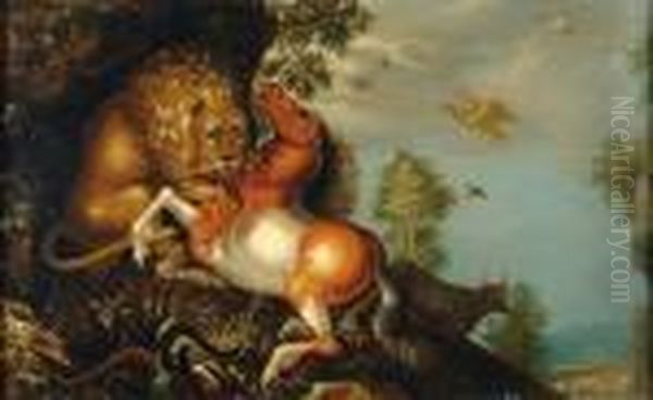 Lion Attaquant Un Cheval Oil Painting by Roelandt Jacobsz Savery