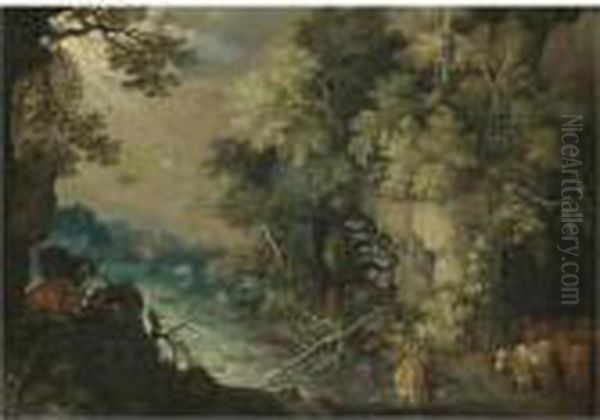 A Bosky Fluvial Landscape With Cattle Resting And Drinking Oil Painting by Roelandt Jacobsz Savery