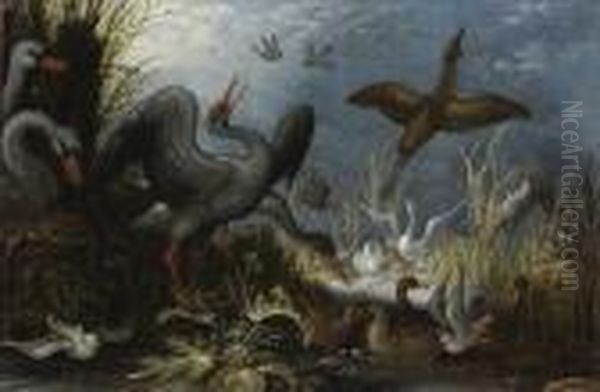 Swans, Storks And Other Birds In A River Landscape Oil Painting by Roelandt Jacobsz Savery