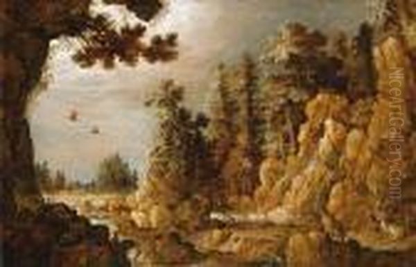 Deer In A Mountainous River Landscape Oil Painting by Roelandt Jacobsz Savery