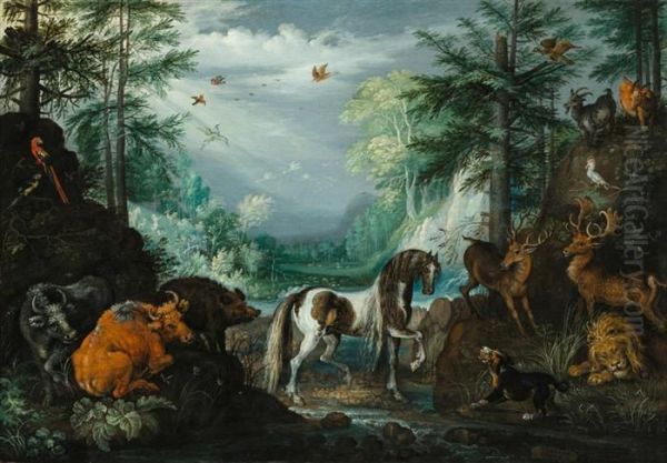 Paradisiacal Landscape With Animals And Saint Hubertus. 1627 Oil Painting by Roelandt Jacobsz Savery