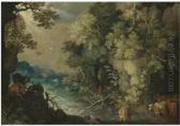 A Bosky Fluvial Landscape With Cattle Resting And Drinking Oil Painting by Roelandt Jacobsz Savery