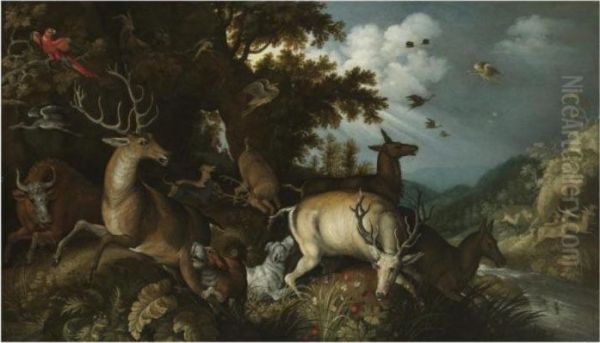 A Wooded River Lanscape With Stags Chased By Huntsmen And Theirdogs Oil Painting by Roelandt Jacobsz Savery