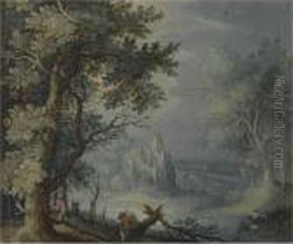 A Wooded Landscape With A 
Fortified Settlement In The Distance And Figures In The Foreground Oil Painting by Roelandt Jacobsz Savery