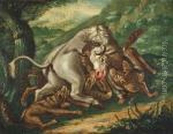 Wolves Attacking A Bull Oil Painting by Roelandt Jacobsz Savery