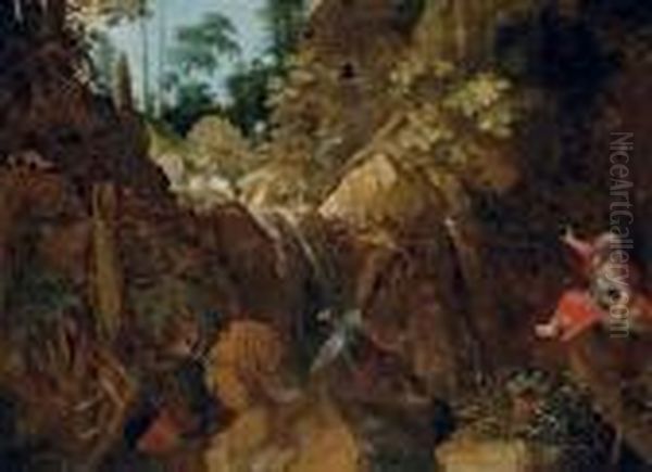 A Rocky Wooded River Landscape With Saint Onuphrius Oil Painting by Roelandt Jacobsz Savery