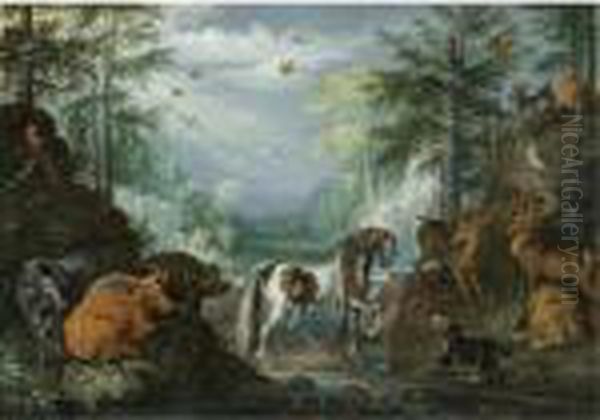 A Paradise Landscape With A 
Skewbald, Heifers, Stags, A Lion, A Dog, Goats, Parrots And Other 
Animals, The Conversion Of St. Hubert Beyond Oil Painting by Roelandt Jacobsz Savery