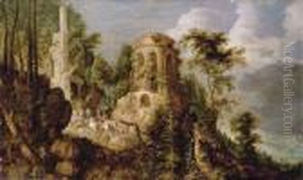 A Rocky Landscape Oil Painting by Roelandt Jacobsz Savery