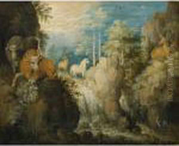 Rocky Forest River Landscape 
With Heifers Horses And Deer Beside A Waterfall Oil Painting by Roelandt Jacobsz Savery