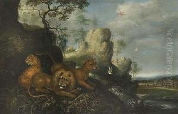 Phantastische Felsenlandschaft Mit
 Lowenpaar Und Leopard. Oil Painting by Roelandt Jacobsz Savery