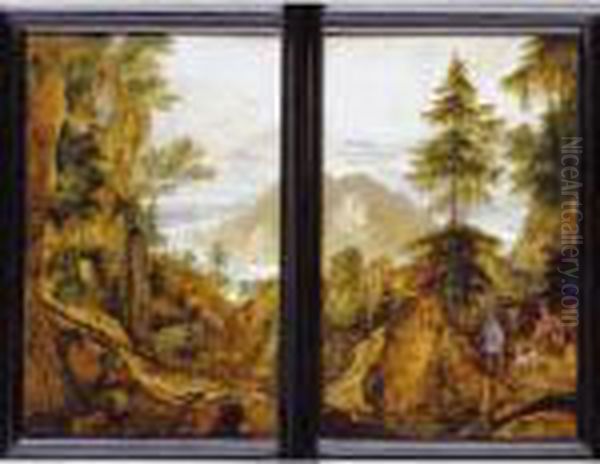 A Pair Of Landscapes With A Hunter And Travellers On An Alpine Pass, Framed As One Oil Painting by Roelandt Jacobsz Savery