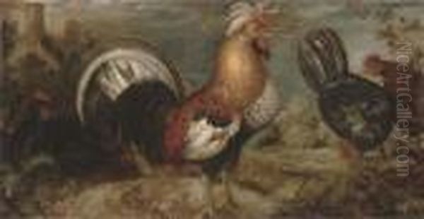 A Cockerel And Three Turkeys In A
 Landscape, With A Frog, A Lizard And A Dragonfly In The Foreground, A 
Farmhouse Beyond Oil Painting by Roelandt Jacobsz Savery