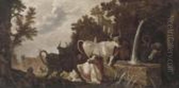 A Classical Wooded Landscape 
With Peasants By A Cottage And Cattleat A Drinking Trough, A Village 
Beyond Oil Painting by Roelandt Jacobsz Savery