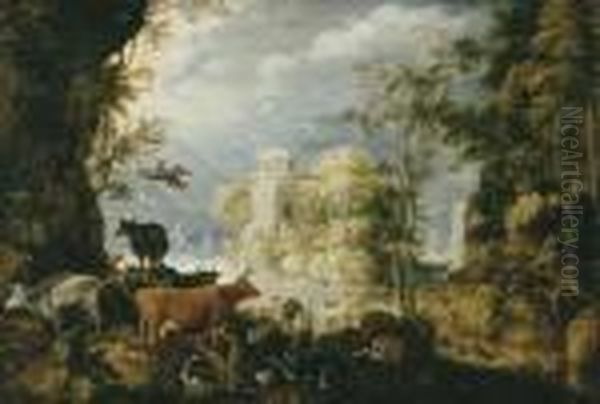 A Wooded Landscape With Cows, Birds And Other Animals By A Lake, With A Village Beyond Oil Painting by Roelandt Jacobsz Savery