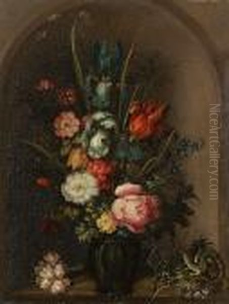 Irises, Roses, A Tulip, A 
Fritillary, Forget-me-nots, Yarrow And Other Flowers In A Glass Vase In A
 Stone Niche With A Carnation And A Lizard On The Ledge Oil Painting by Roelandt Jacobsz Savery