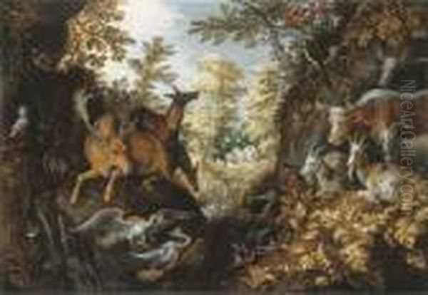 A Stag, Deers, Herons, Goats, Parrots And Other Animals In Aforest Oil Painting by Roelandt Jacobsz Savery