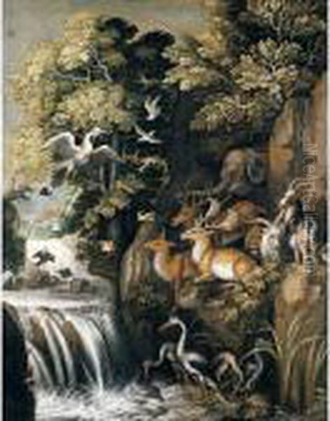 A River Landscape With Deer, 
Elephants, Lions, Goats And Other Animals And Birds Beside A Waterfall Oil Painting by Roelandt Jacobsz Savery