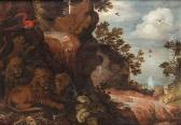 Lions Resting In A Wooded Glade 
With A Parrot, Animal Bones And A Waterfall Nearby, Two Leopards On The 
Bank Beyond Oil Painting by Roelandt Jacobsz Savery