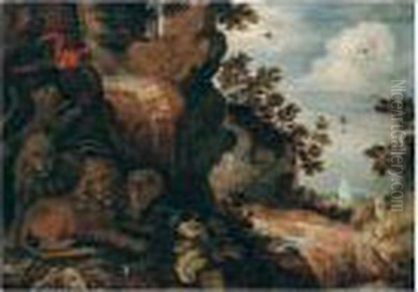 A Rocky Landscape With A Lion, Leopards And Birds Oil Painting by Roelandt Jacobsz Savery