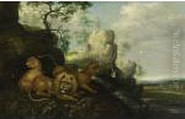 A Lion, A Lioness And A Leopard 
In A Mountainous Wooded Landscape With Macaws And Birds Near A Waterfall
 And A Deer And A Goat Grazing In A Meadow Nearby Oil Painting by Roelandt Jacobsz Savery