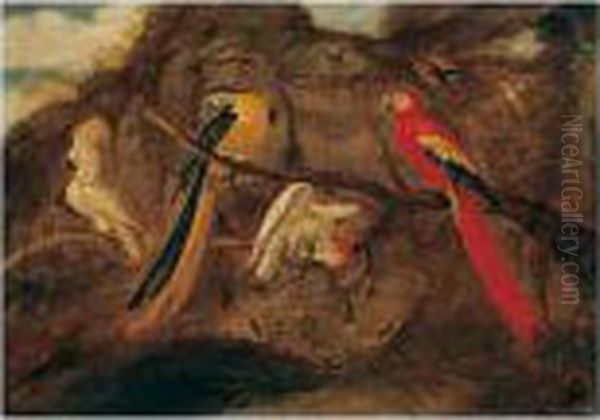 A Scarlet And Blue And Gold 
Macaw With Sulphur-crested Cockatoos And Other Birds, In A Landscape Oil Painting by Roelandt Jacobsz Savery