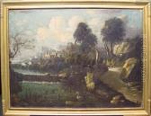 Landscape With Stork And Geese In Foreground And Monestary In Thedistance Oil Painting by Roelandt Jacobsz Savery