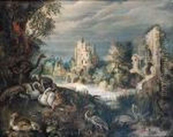 Ducks, Swans, A Guinea-fowl, A 
Heron, Ostriches, A Parrot And Otherbirds On A River Bank, Ruins In A 
Wooded Landscape Beyond Oil Painting by Roelandt Jacobsz Savery