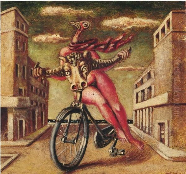 Senza Titolo (figura Con Bicicletta), (1947) Oil Painting by Alberto Savinio