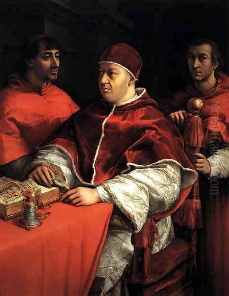 Pope Leo X with Cardinals Giulio de' Medici and Luigi de' Rossi Oil Painting by Raffaelo Sanzio