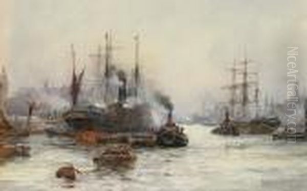 Bustling Activity On The Thames Oil Painting by William Harrison Scarborough