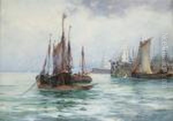 Fishing Vessels At Anchor Off Folkestone Harbour Oil Painting by William Harrison Scarborough