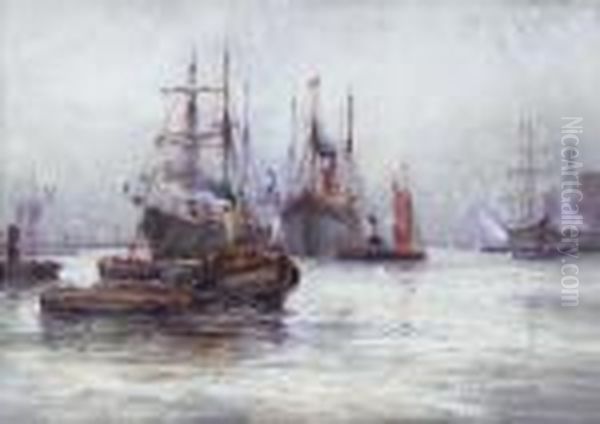 A Busy Day On The Thames Oil Painting by William Harrison Scarborough