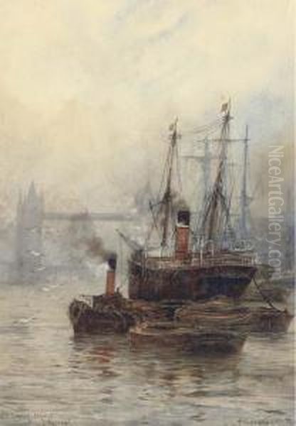 Shipping Before Tower Bridge; And London Bridge Oil Painting by William Harrison Scarborough