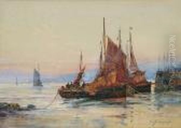 Fishing Vessels Returning, Kirkcaldy Harbour Oil Painting by William Harrison Scarborough