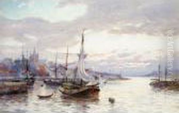 River Barges At Sunset Oil Painting by William Harrison Scarborough