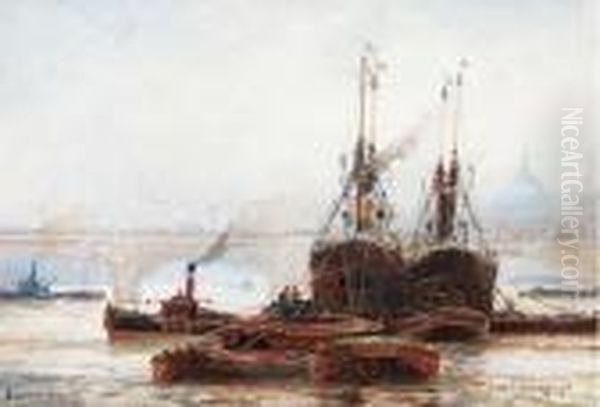 Shipping On The River Thames, With London Bridge Beyond Oil Painting by William Harrison Scarborough