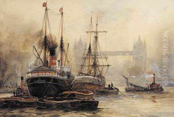 Sunset Off Woolwich, London; And Tower Bridge, London Oil Painting by William Harrison Scarborough