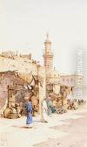 Bazaar, 
Mousky, 
Cairo Oil Painting by Spyridon Scarvelli