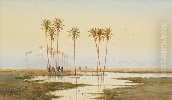 Nile Landscape With Pyramids Beyond Oil Painting by Spyridon Scarvelli