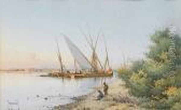 Dhows On The Banks Of The Nile Oil Painting by Spyridon Scarvelli