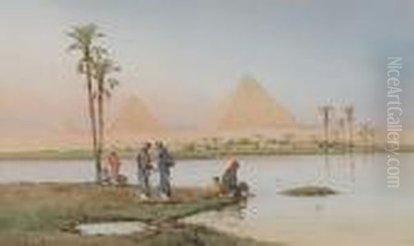 View Of The Pyramids At Giza; View Of Thesphinx With The Pyramids Beyond Oil Painting by Spyridon Scarvelli