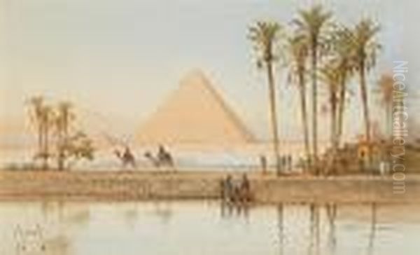 Scene On The Nile Near The Pyramids Oil Painting by Spyridon Scarvelli