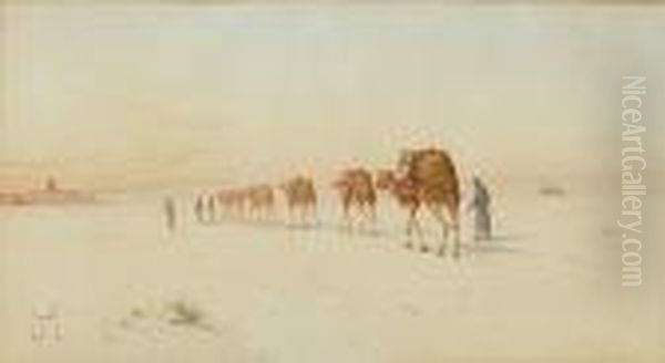 Camel Train In The Desert Oil Painting by Spyridon Scarvelli