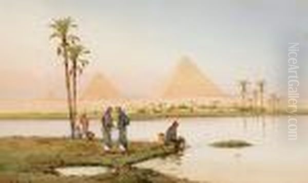 A View Of The Nile At Rod-el-farrag; A View Of The Pyramids At Giza (a Pair) Oil Painting by Spyridon Scarvelli