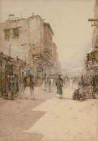 A Cairo Street Market Oil Painting by Spyridon Scarvelli