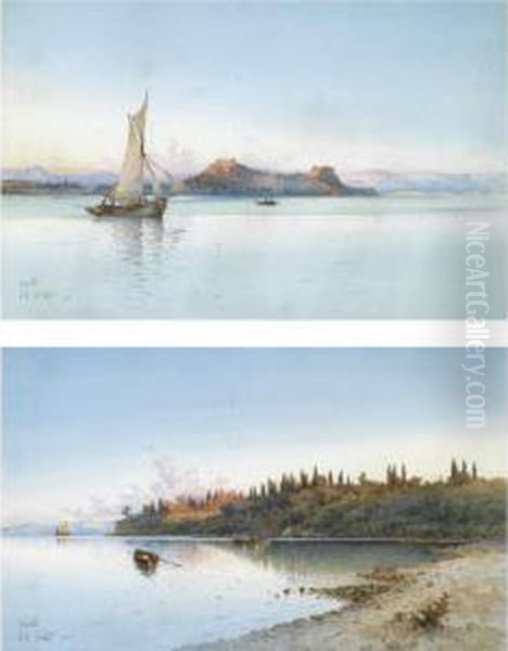 Mon Repos And The Citadel, Corfu - Two Views Oil Painting by Spyridon Scarvelli