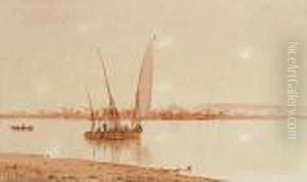 Feluccas On The Nile; Pyramids By The Nile Oil Painting by Spyridon Scarvelli