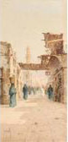 Figures On A Street, A Minaret Beyond, North Africa; Figures On A Street, North Africa Oil Painting by Spyridon Scarvelli